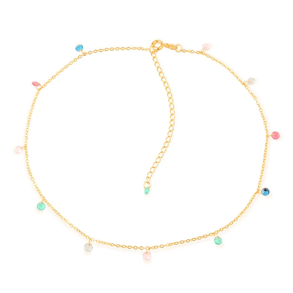 Colar Dourado Chocker Pontos de Luz Coloridos Cristais